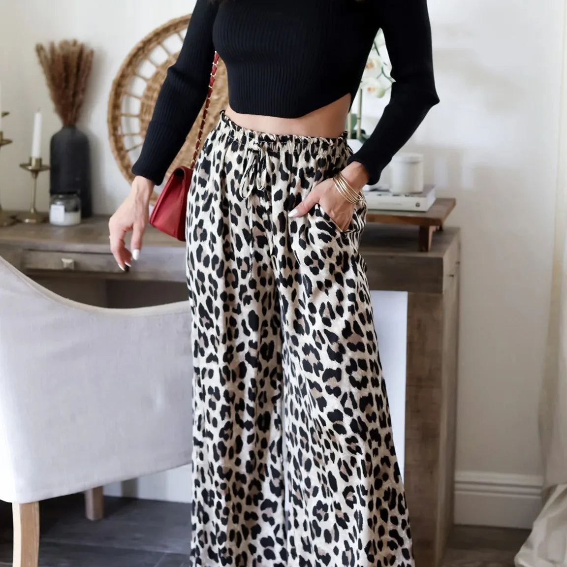 Leoparden Hohe Taille & Weit Geschnitten Damenhose